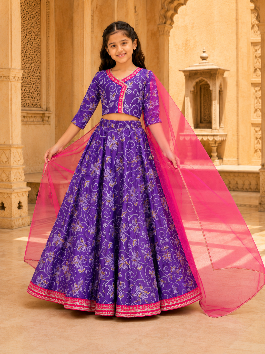 Bitiya by Bhama Girls Purple & Pink Bandhej Digital Print Ready to Wear Lehenga With Choli