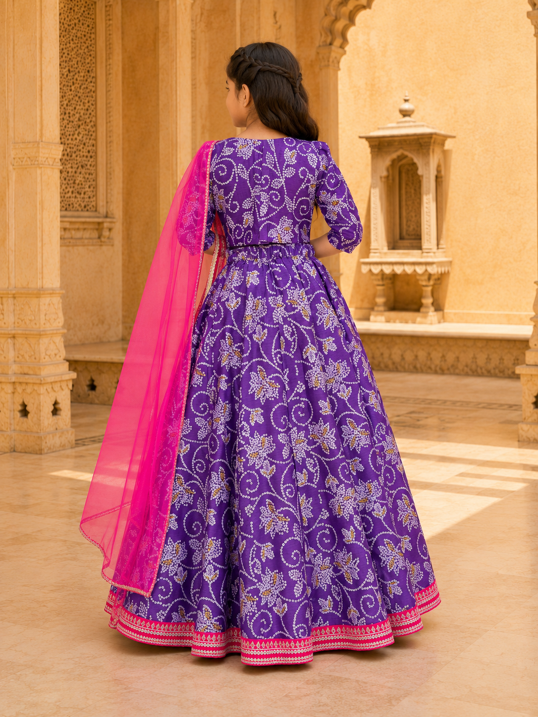 Bitiya by Bhama Girls Purple & Pink Bandhej Digital Print Ready to Wear Lehenga With Choli