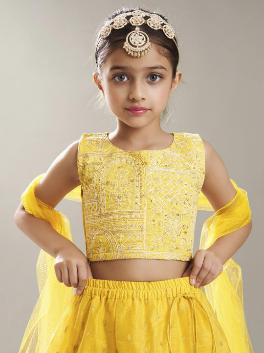 Bitiya by Bhama Girls Yellow with Embroidered Ready to Wear Lehenga & Choli with Dupatta.