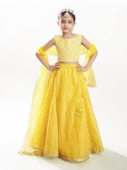 Bitiya by Bhama Girls Yellow with Embroidered Ready to Wear Lehenga & Choli with Dupatta.