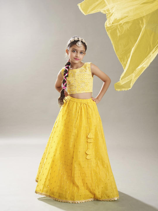 Bitiya by Bhama Girls Yellow with Embroidered Ready to Wear Lehenga & Choli with Dupatta.