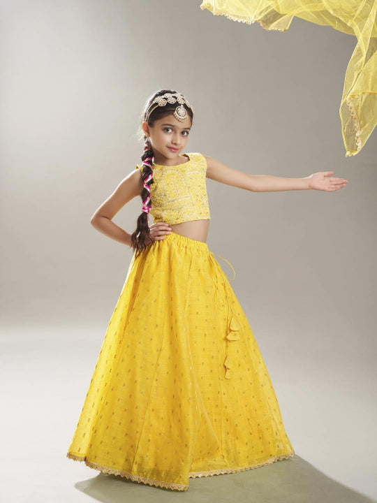 Bitiya by Bhama Girls Yellow with Embroidered Ready to Wear Lehenga & Choli with Dupatta.