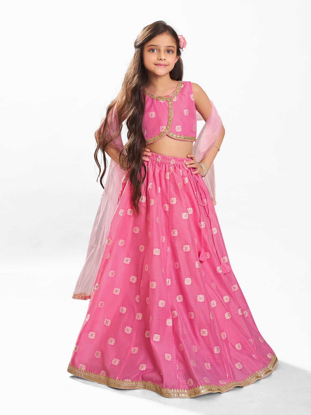 Bitiya by Bhama Girls Pink Jacquard Booti Ready to Wear Lehenga & Choli with Dupatta.