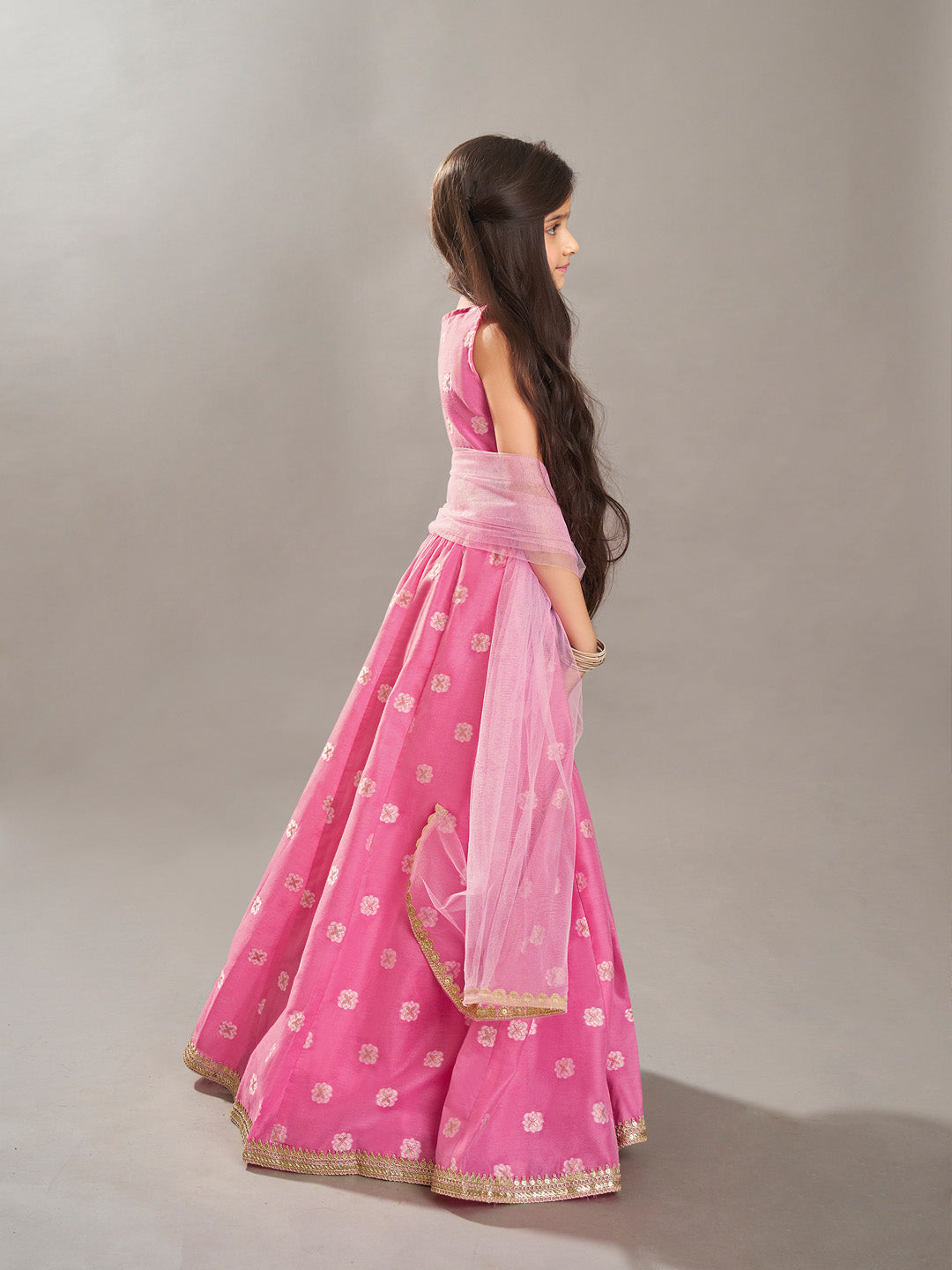 Bitiya by Bhama Girls Pink Jacquard Booti Ready to Wear Lehenga & Choli with Dupatta.