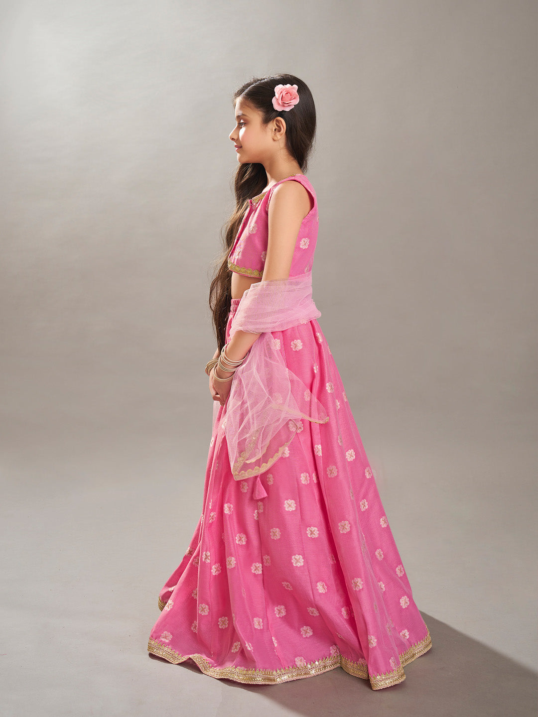Bitiya by Bhama Girls Pink Jacquard Booti Ready to Wear Lehenga & Choli with Dupatta.