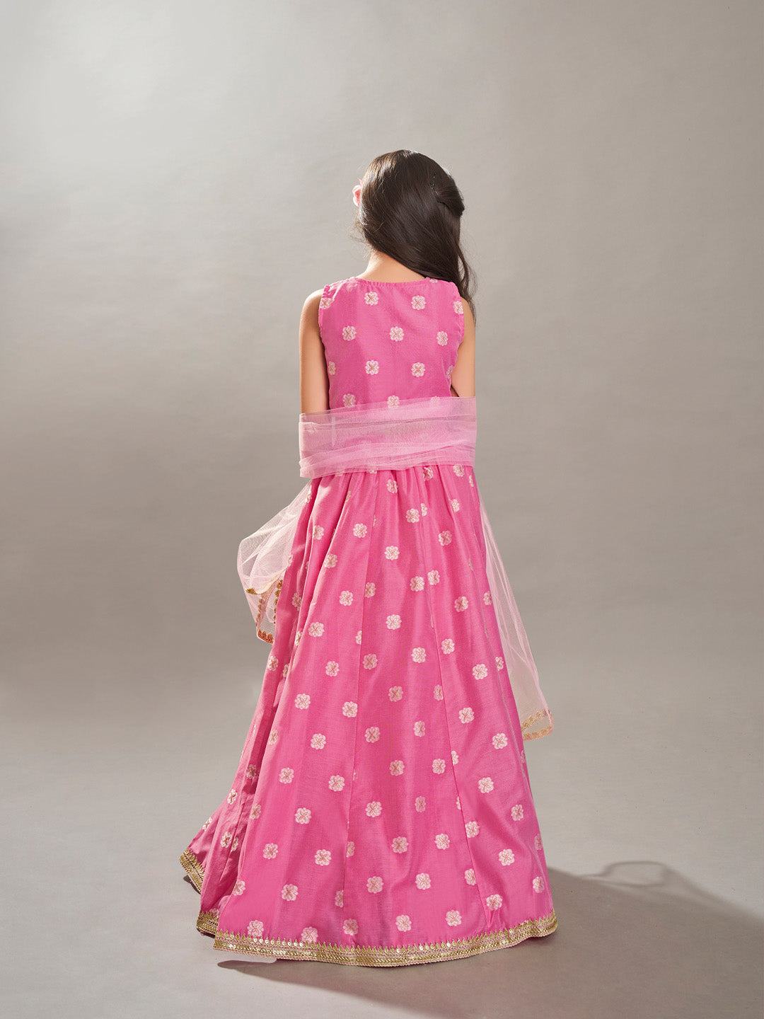 Bitiya by Bhama Girls Pink Jacquard Booti Ready to Wear Lehenga & Choli with Dupatta.