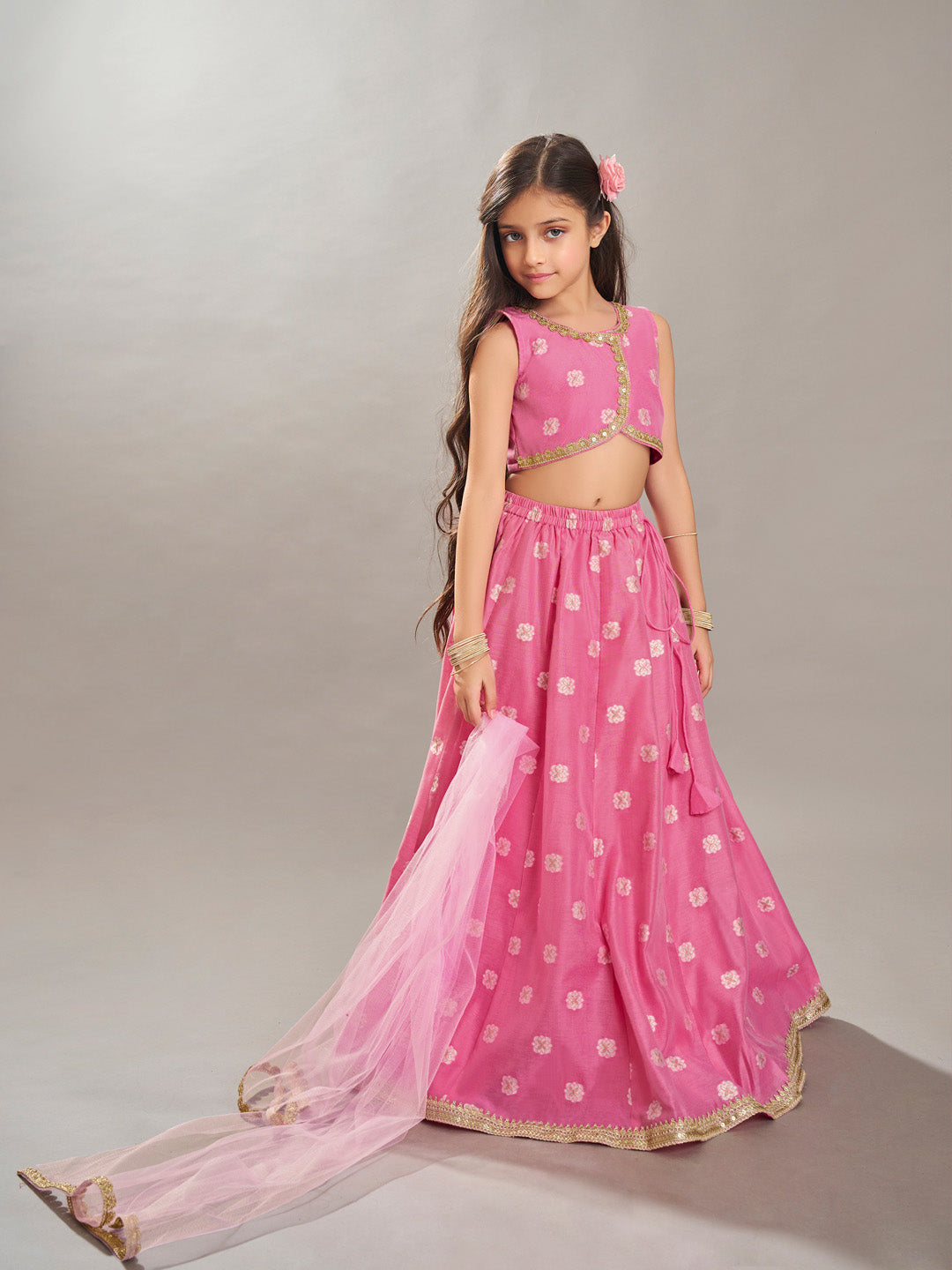 Bitiya by Bhama Girls Pink Jacquard Booti Ready to Wear Lehenga & Choli with Dupatta.