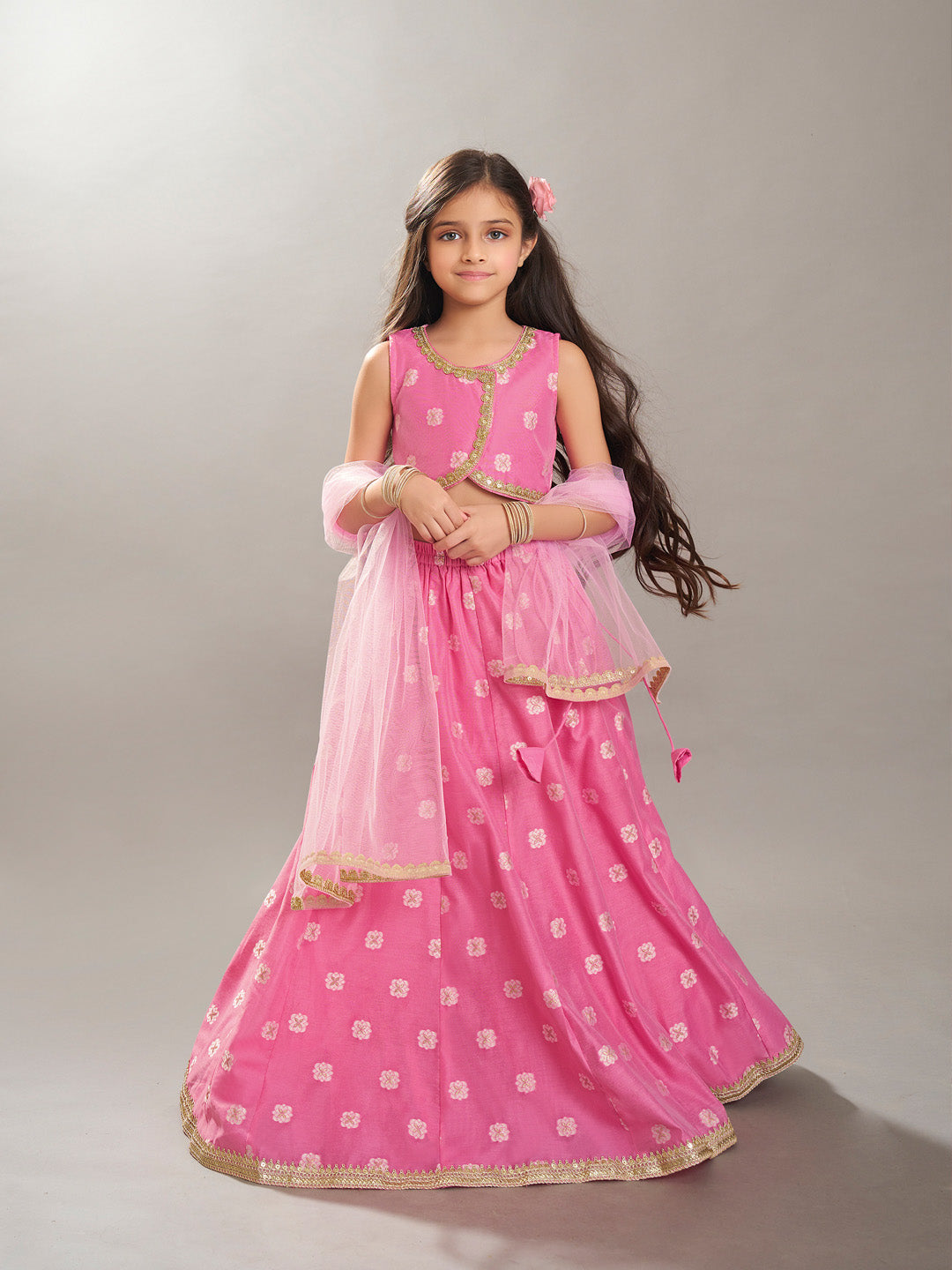 Bitiya by Bhama Girls Pink Jacquard Booti Ready to Wear Lehenga & Choli with Dupatta.