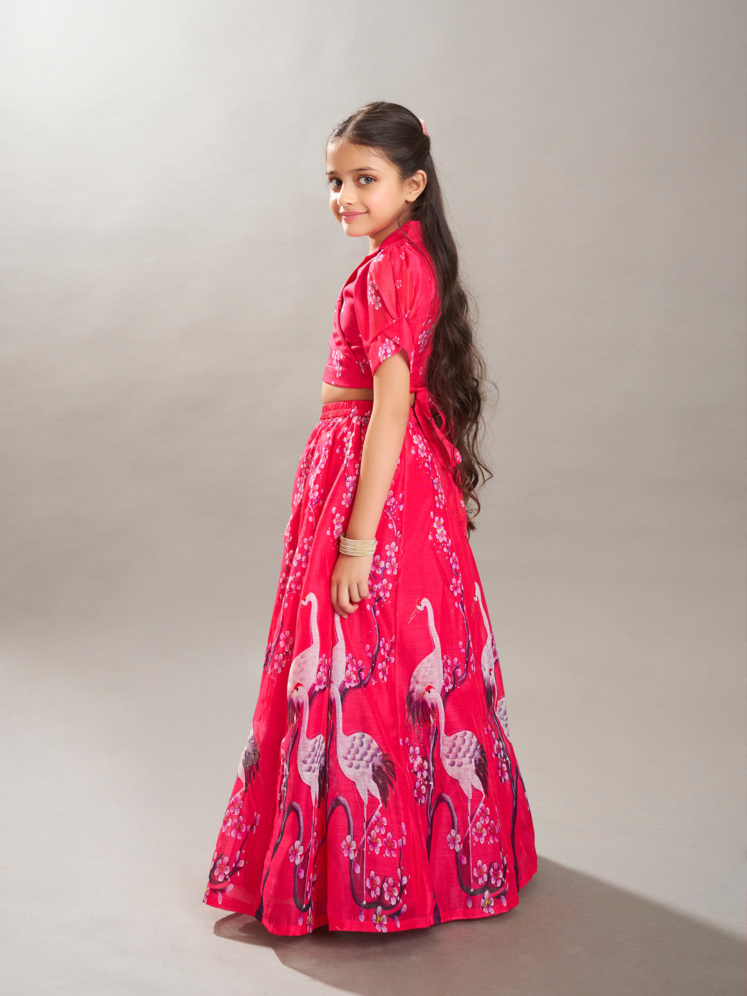 Bitiya by Bhama Girls Pink Digital Printed Ready to wear Lehenga with Choli