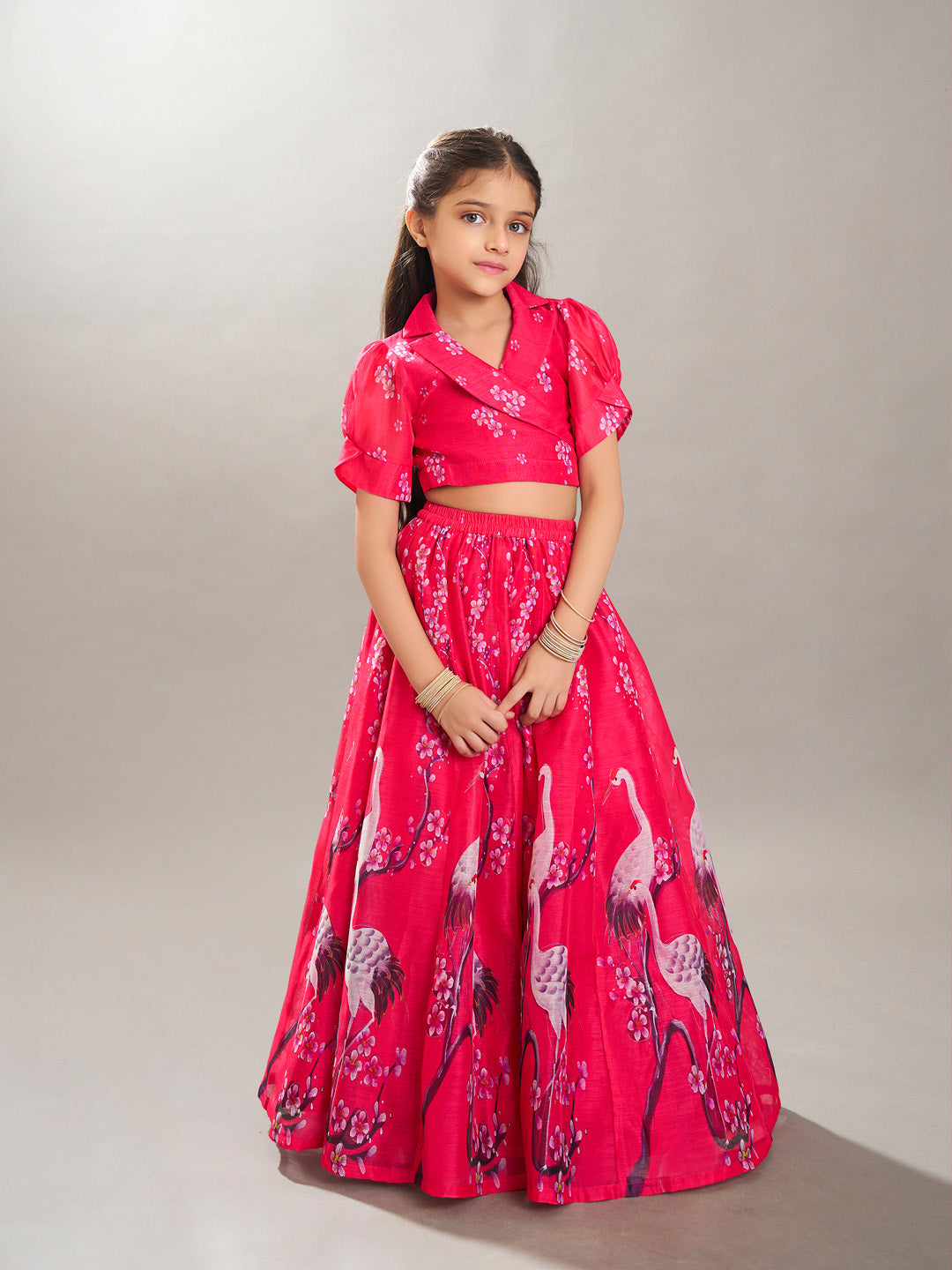Bitiya by Bhama Girls Pink Digital Printed Ready to wear Lehenga with Choli