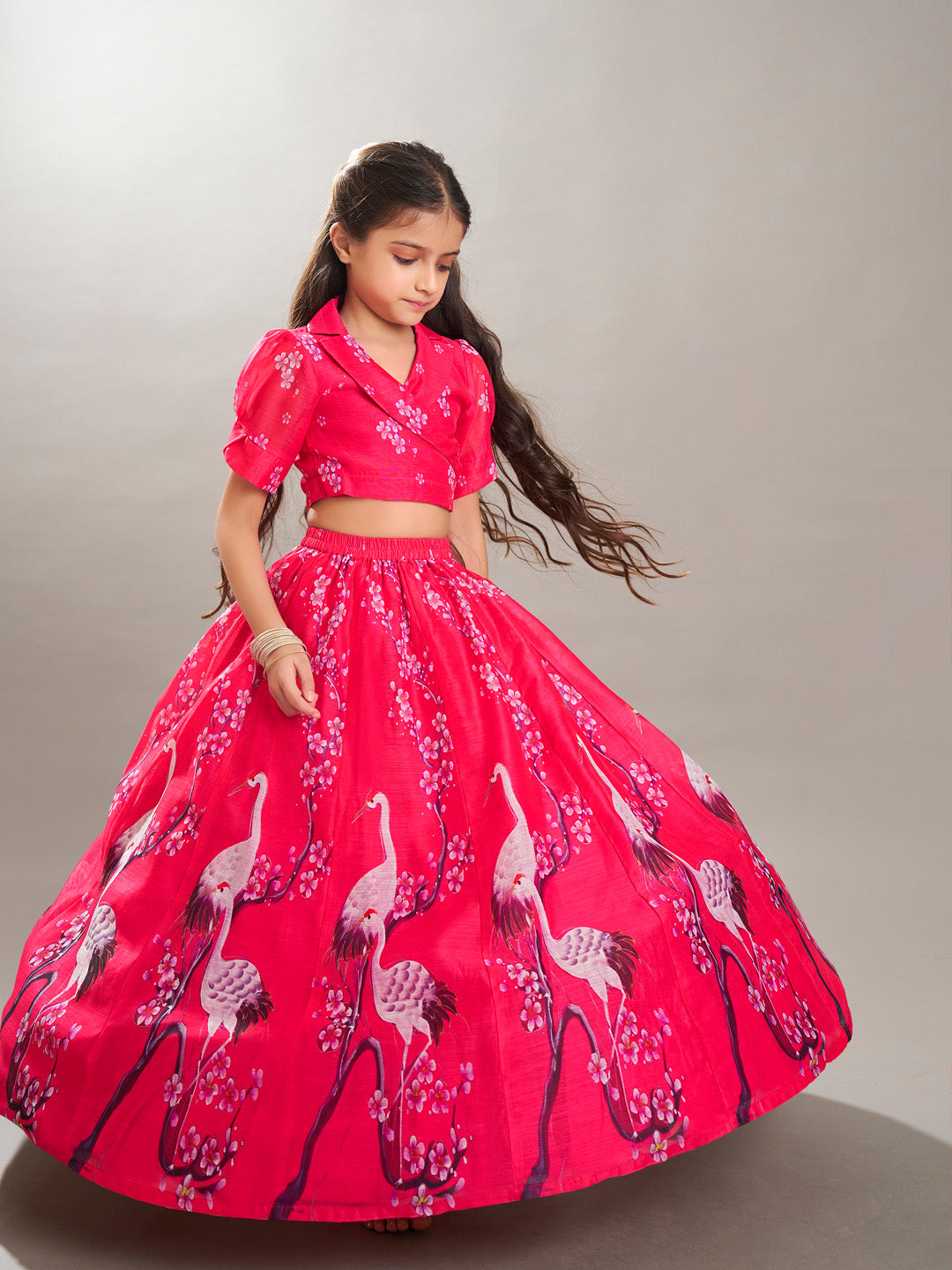 Bitiya by Bhama Girls Pink Digital Printed Ready to wear Lehenga with Choli