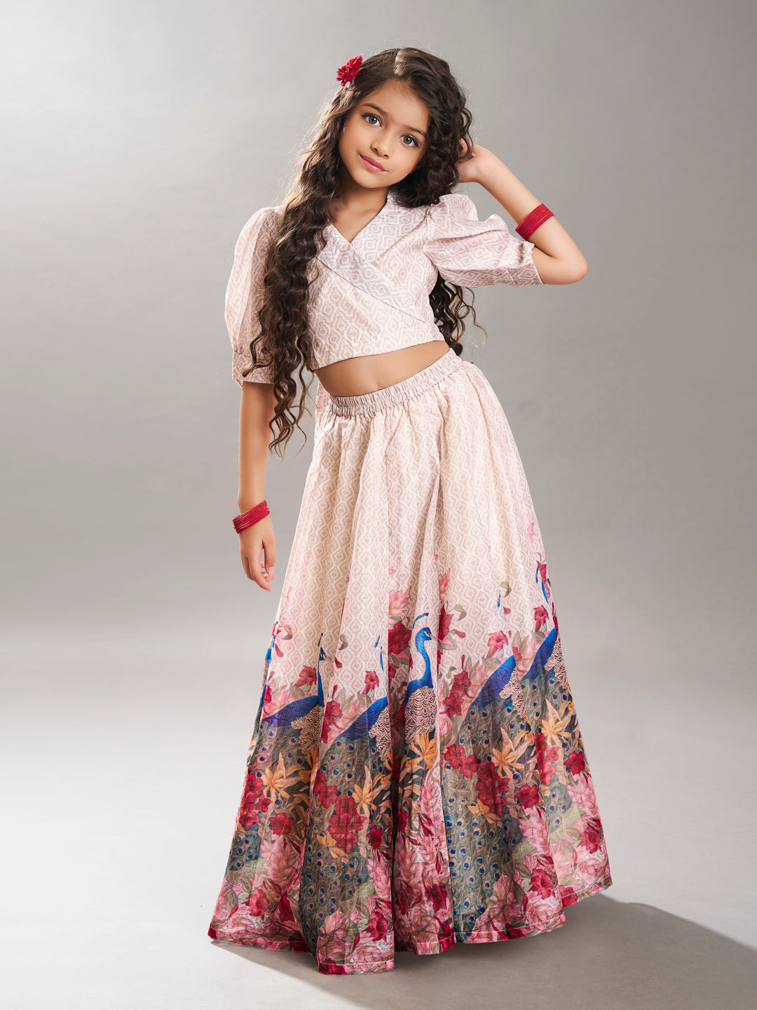 Bitiya by Bhama Girls Beige Digital Peacock Printed Ready to wear Lehenga with Choli