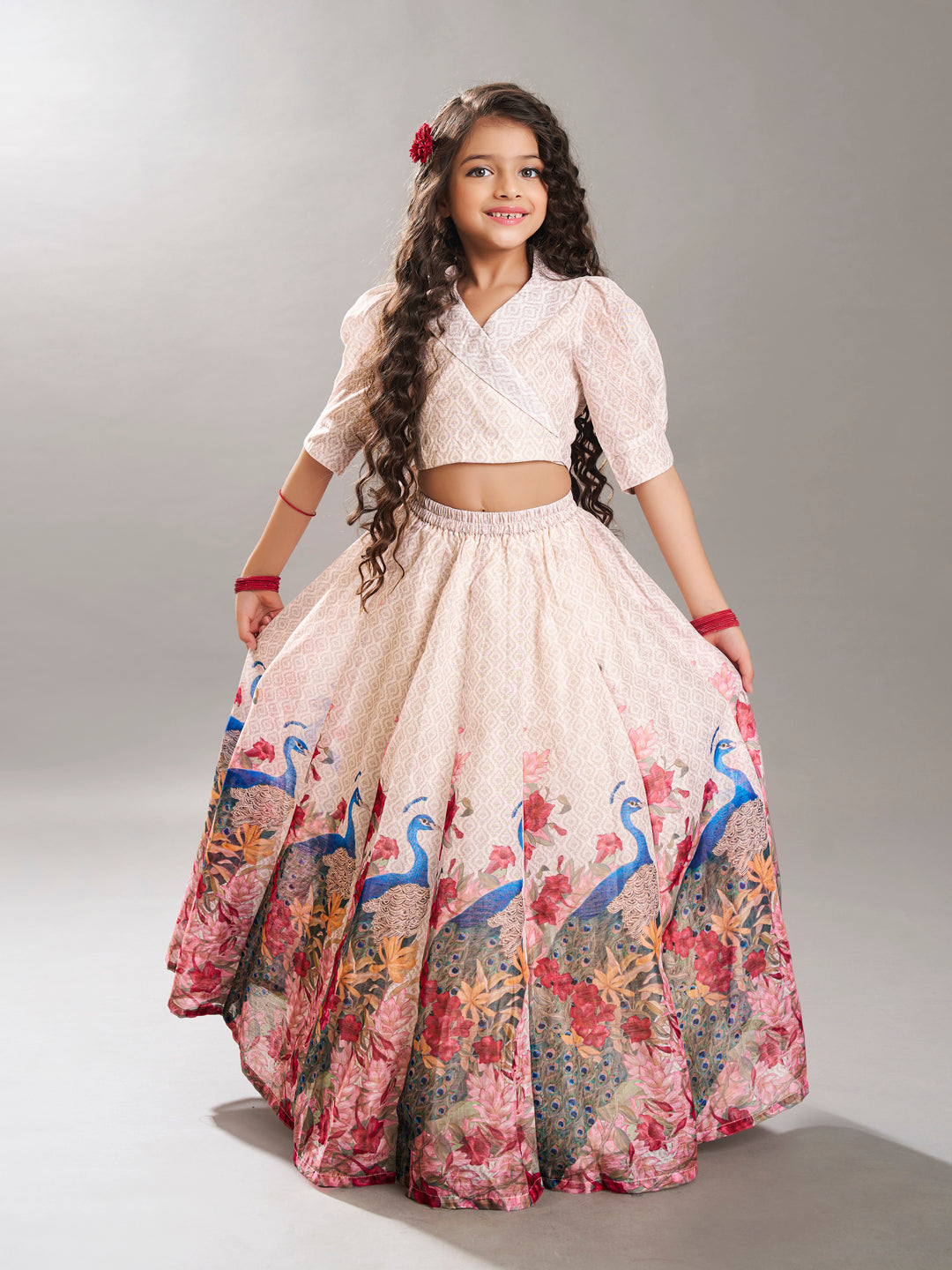 Bitiya by Bhama Girls Beige Digital Peacock Printed Ready to wear Lehenga with Choli