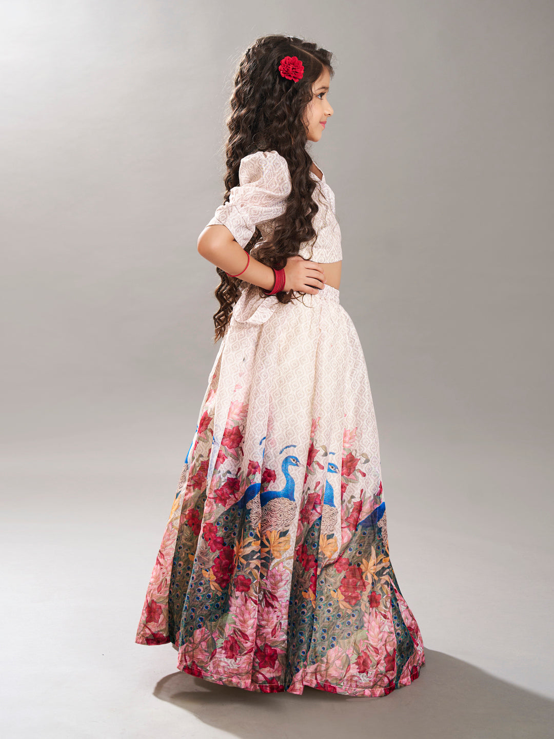 Bitiya by Bhama Girls Beige Digital Peacock Printed Ready to wear Lehenga with Choli