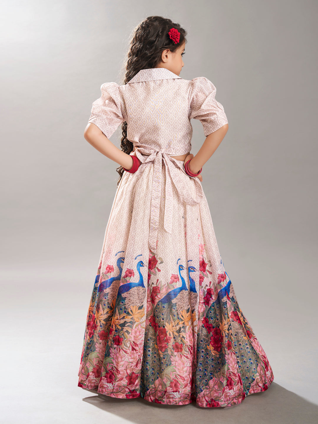 Bitiya by Bhama Girls Beige Digital Peacock Printed Ready to wear Lehenga with Choli
