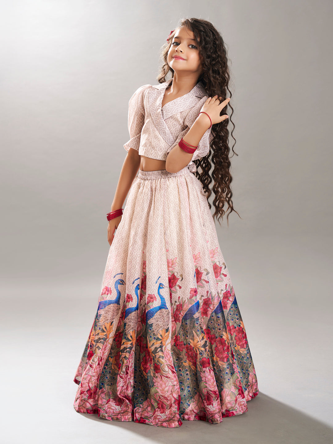 Bitiya by Bhama Girls Beige Digital Peacock Printed Ready to wear Lehenga with Choli