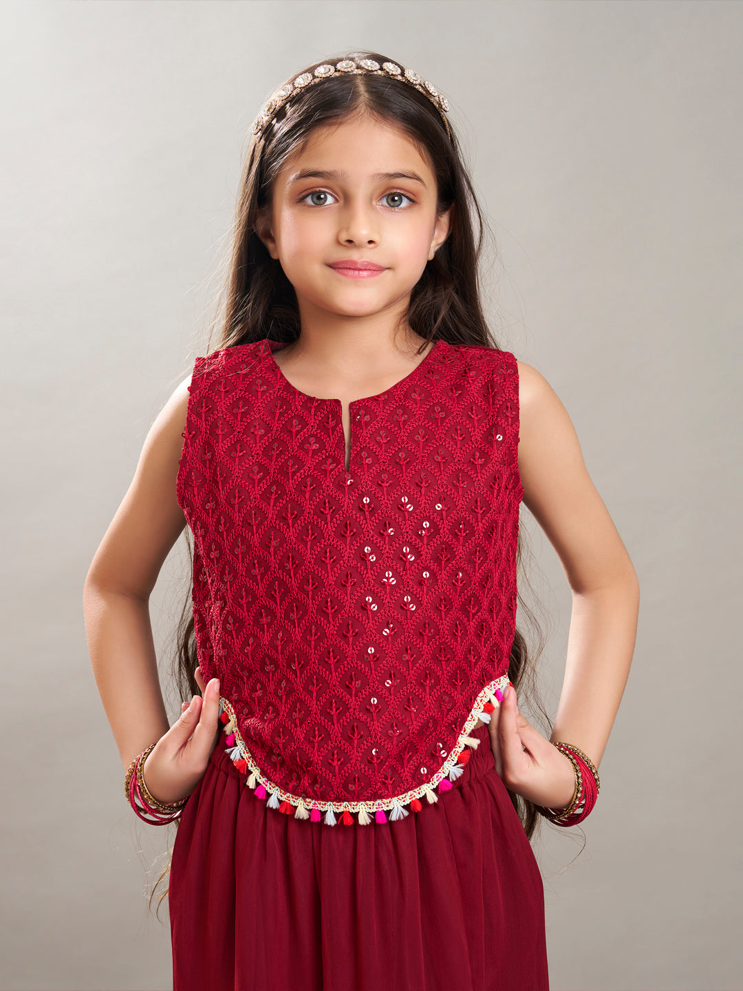 Bitiya by Bhama Girls Maroon Embroidered Sequence Ready to wear Lehenga with Choli