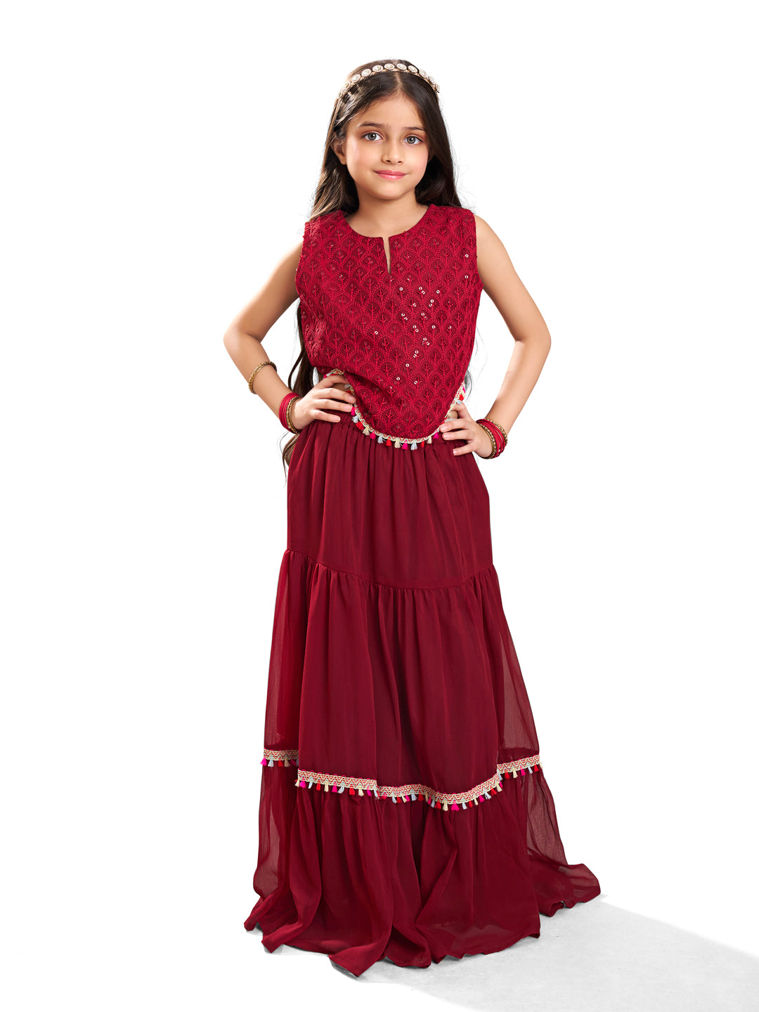 Bitiya by Bhama Girls Maroon Embroidered Sequence Ready to wear Lehenga with Choli