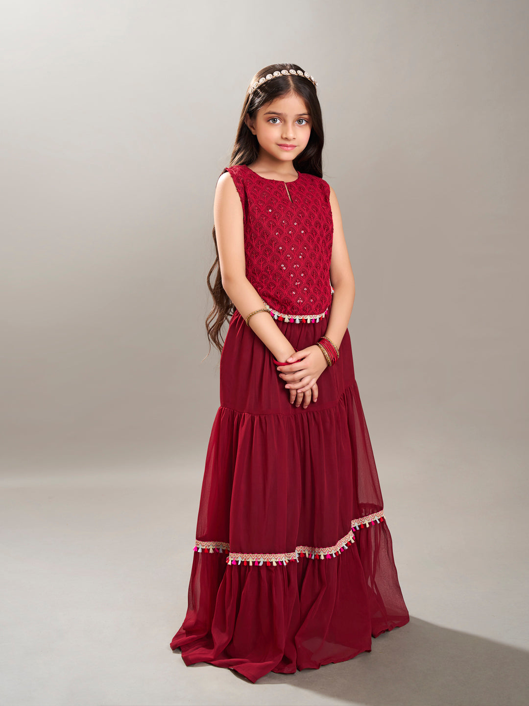 Bitiya by Bhama Girls Maroon Embroidered Sequence Ready to wear Lehenga with Choli