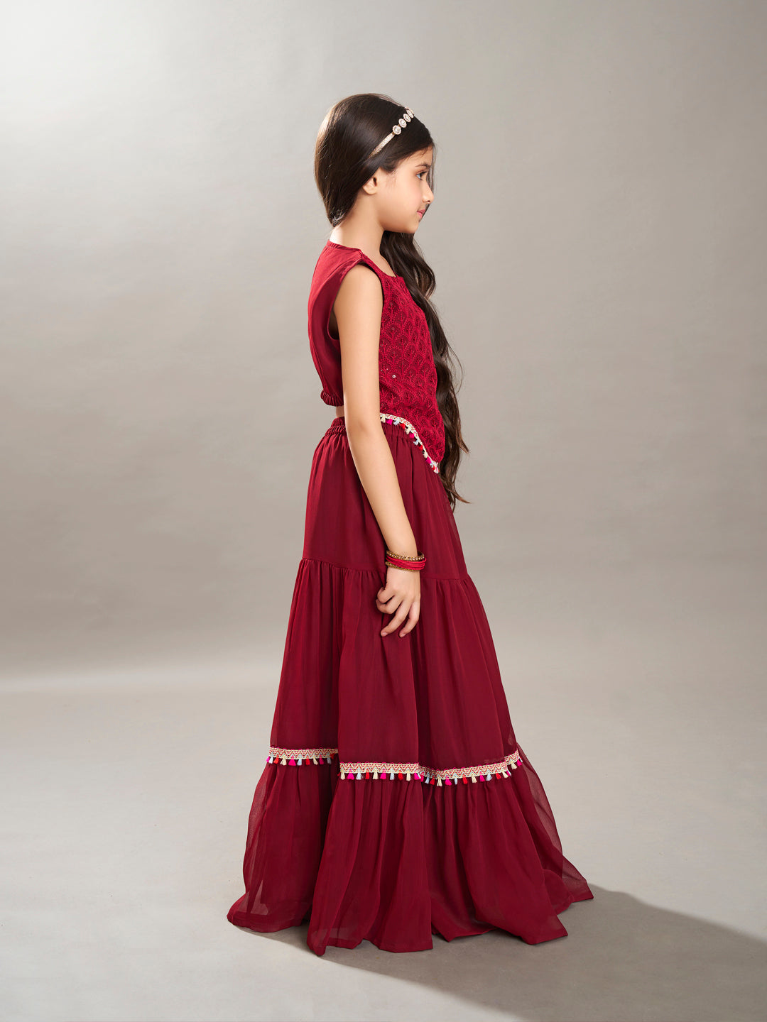 Bitiya by Bhama Girls Maroon Embroidered Sequence Ready to wear Lehenga with Choli