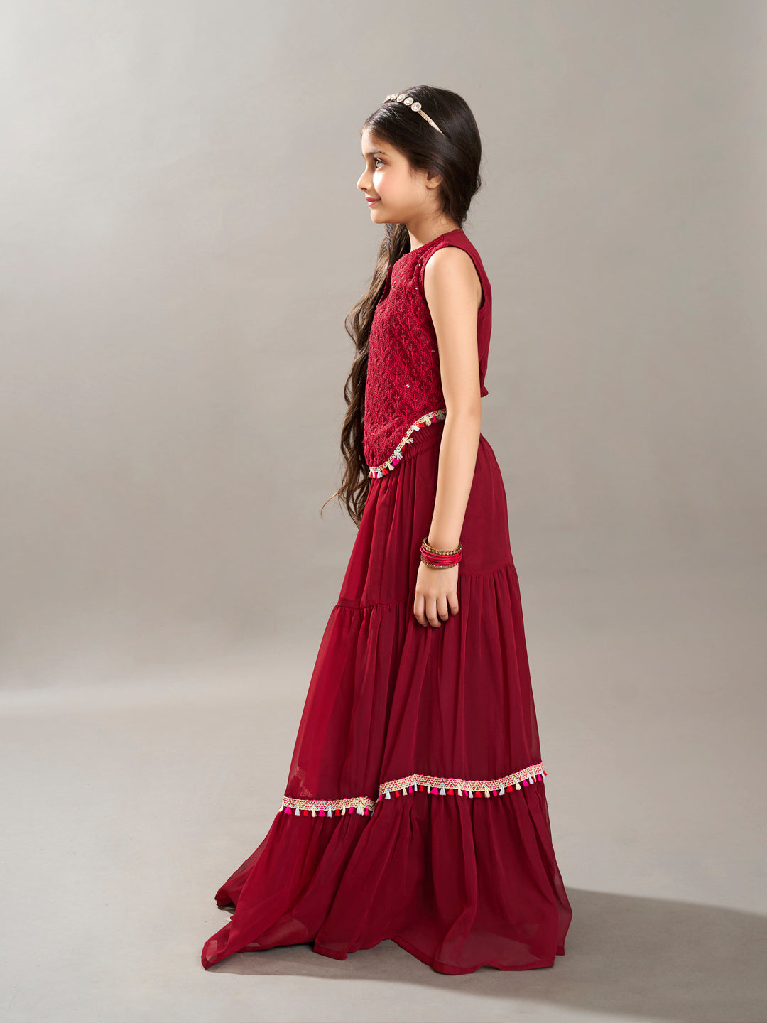 Bitiya by Bhama Girls Maroon Embroidered Sequence Ready to wear Lehenga with Choli
