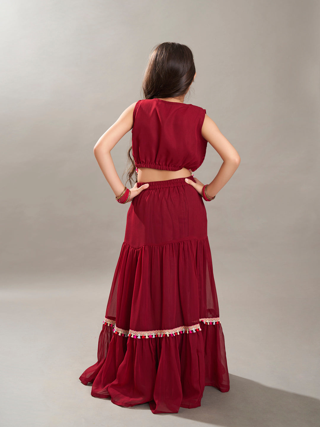 Bitiya by Bhama Girls Maroon Embroidered Sequence Ready to wear Lehenga with Choli