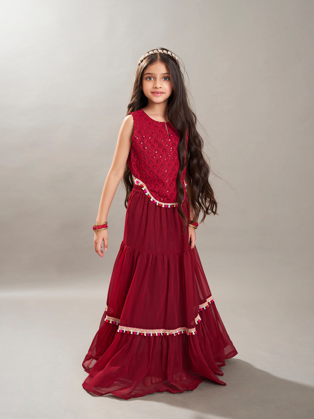 Bitiya by Bhama Girls Maroon Embroidered Sequence Ready to wear Lehenga with Choli