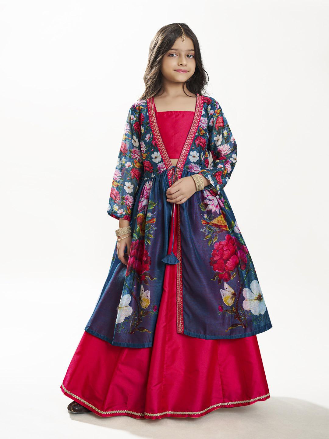 Bitiya by Bhama Girls Pink & Terquois Blue Digital Print Ready to Wear Lehenga With Choli