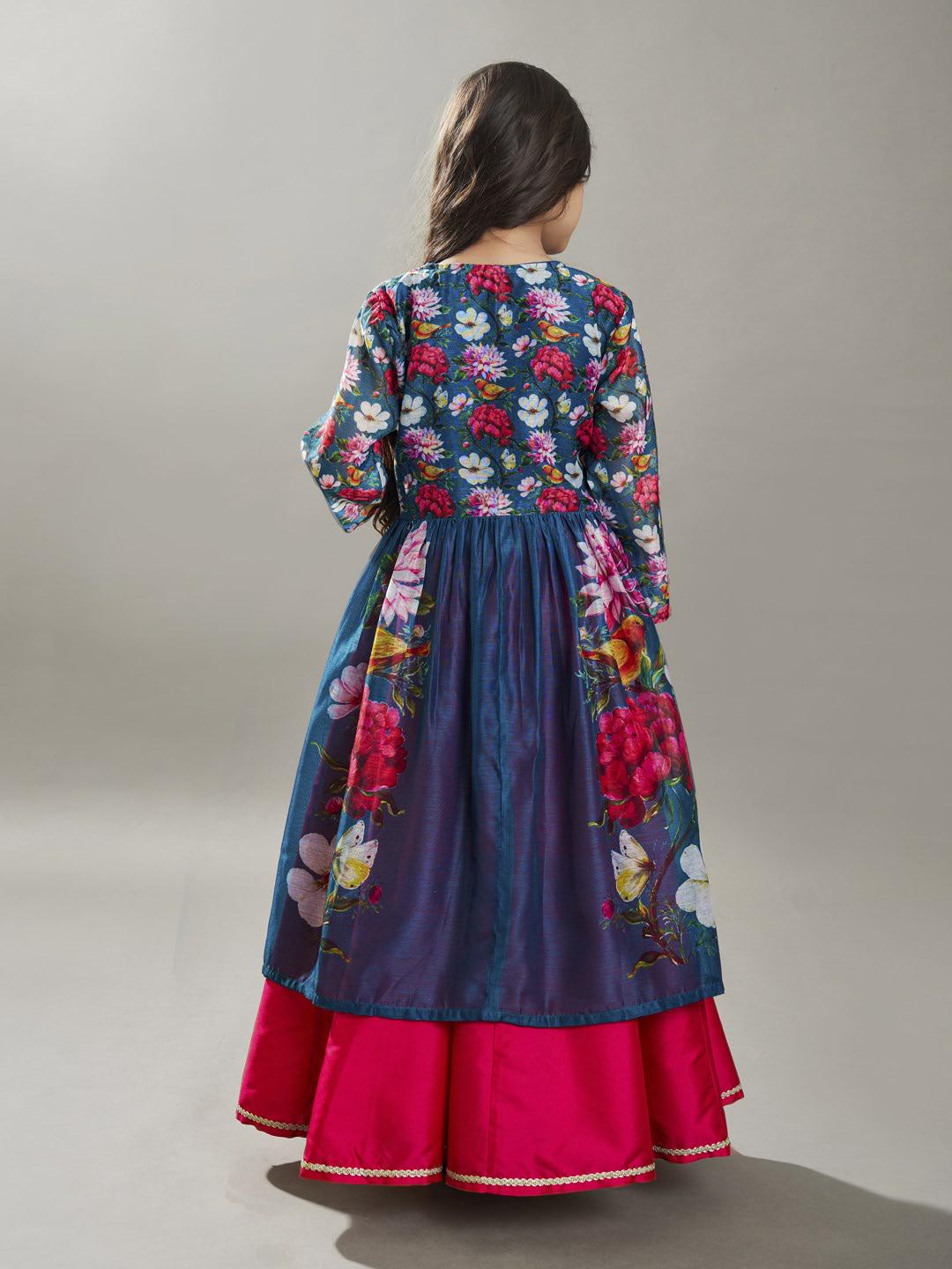 Bitiya by Bhama Girls Pink & Terquois Blue Digital Print Ready to Wear Lehenga With Choli