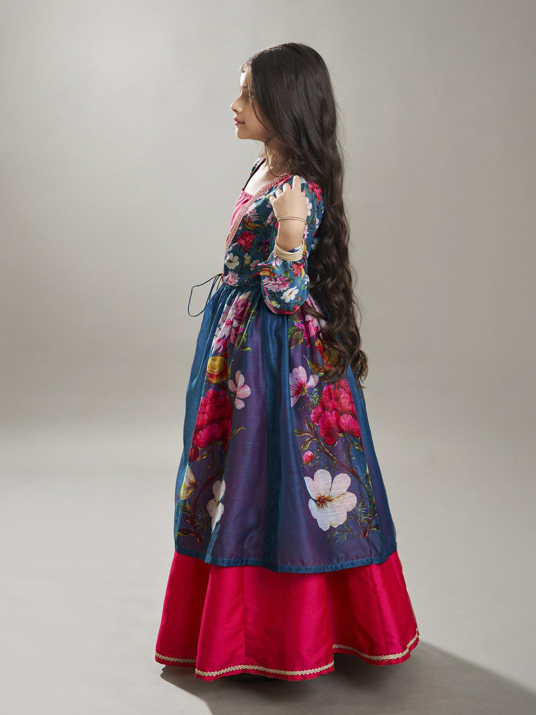 Bitiya by Bhama Girls Pink & Terquois Blue Digital Print Ready to Wear Lehenga With Choli