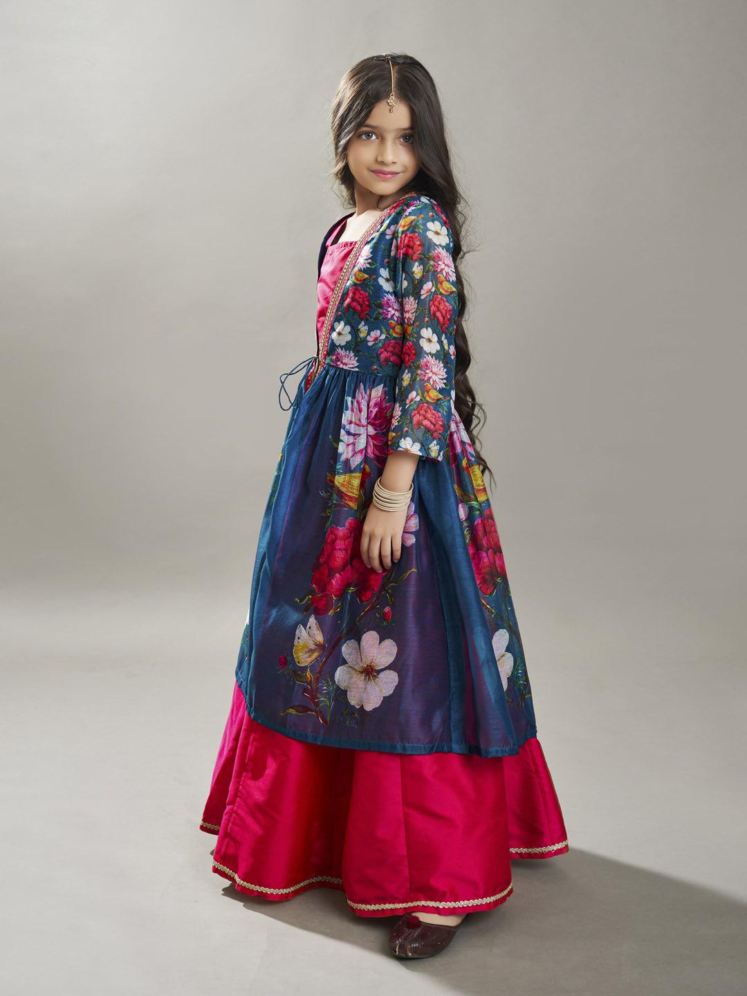Bitiya by Bhama Girls Pink & Terquois Blue Digital Print Ready to Wear Lehenga With Choli