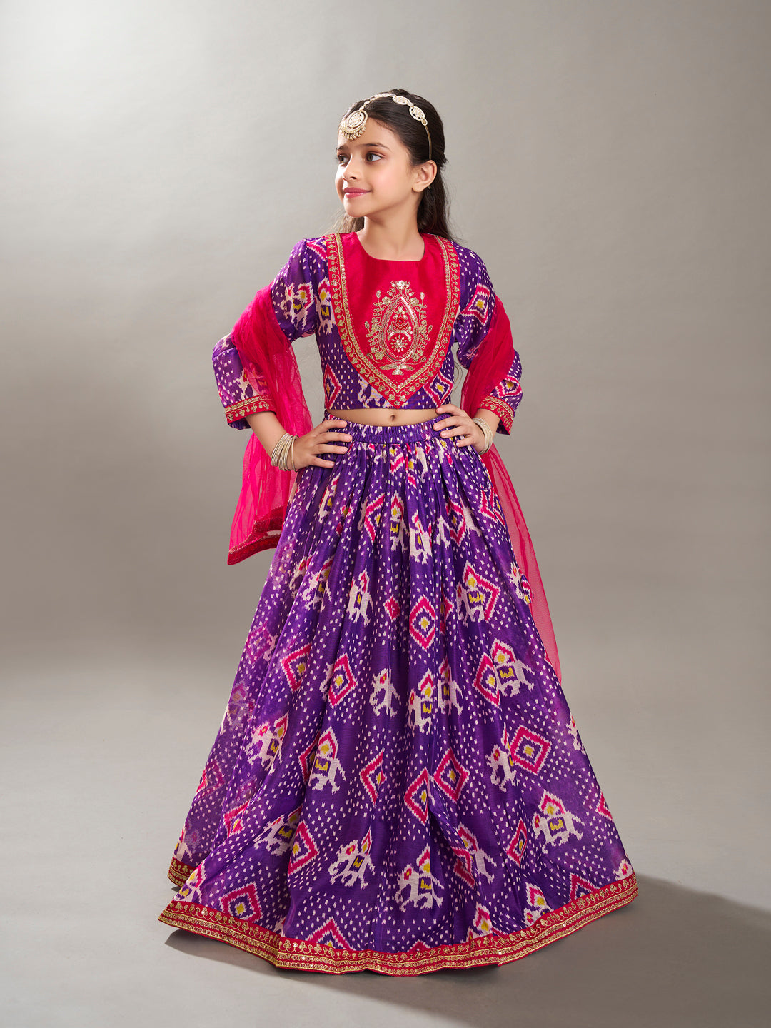 Bitiya by Bhama Girls Purple & Pink Pattan Digital Print Ready to Wear Lehenga With Choli