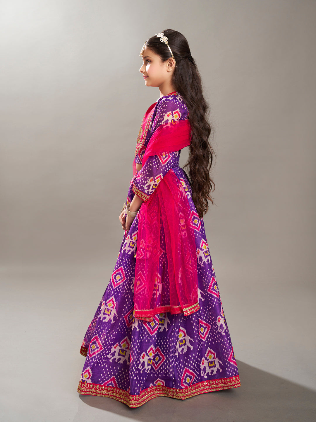 Bitiya by Bhama Girls Purple & Pink Pattan Digital Print Ready to Wear Lehenga With Choli