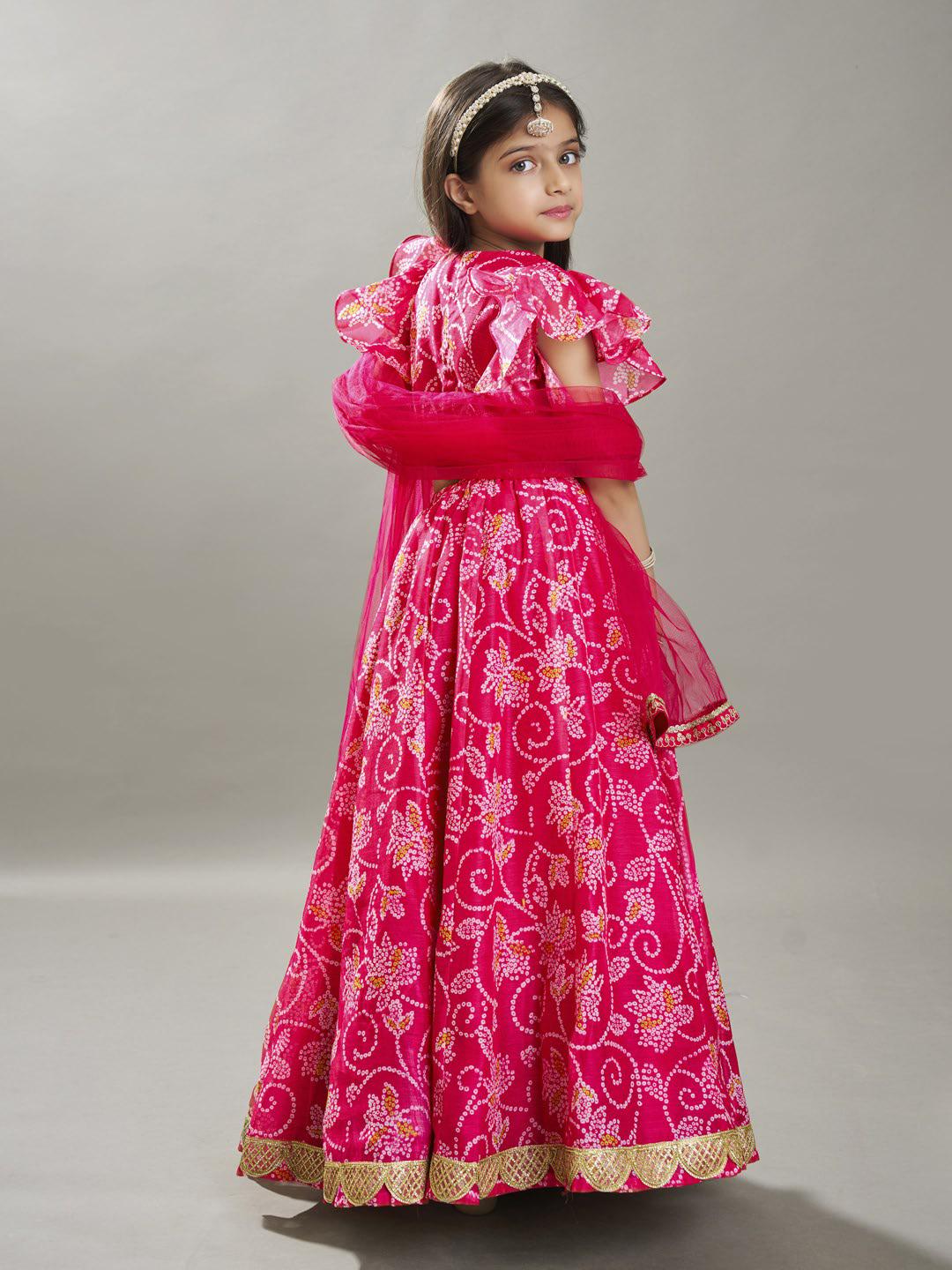 Bitiya by Bhama Girls Pink & White Bandhej Digital Print Ready to Wear Lehenga With Choli