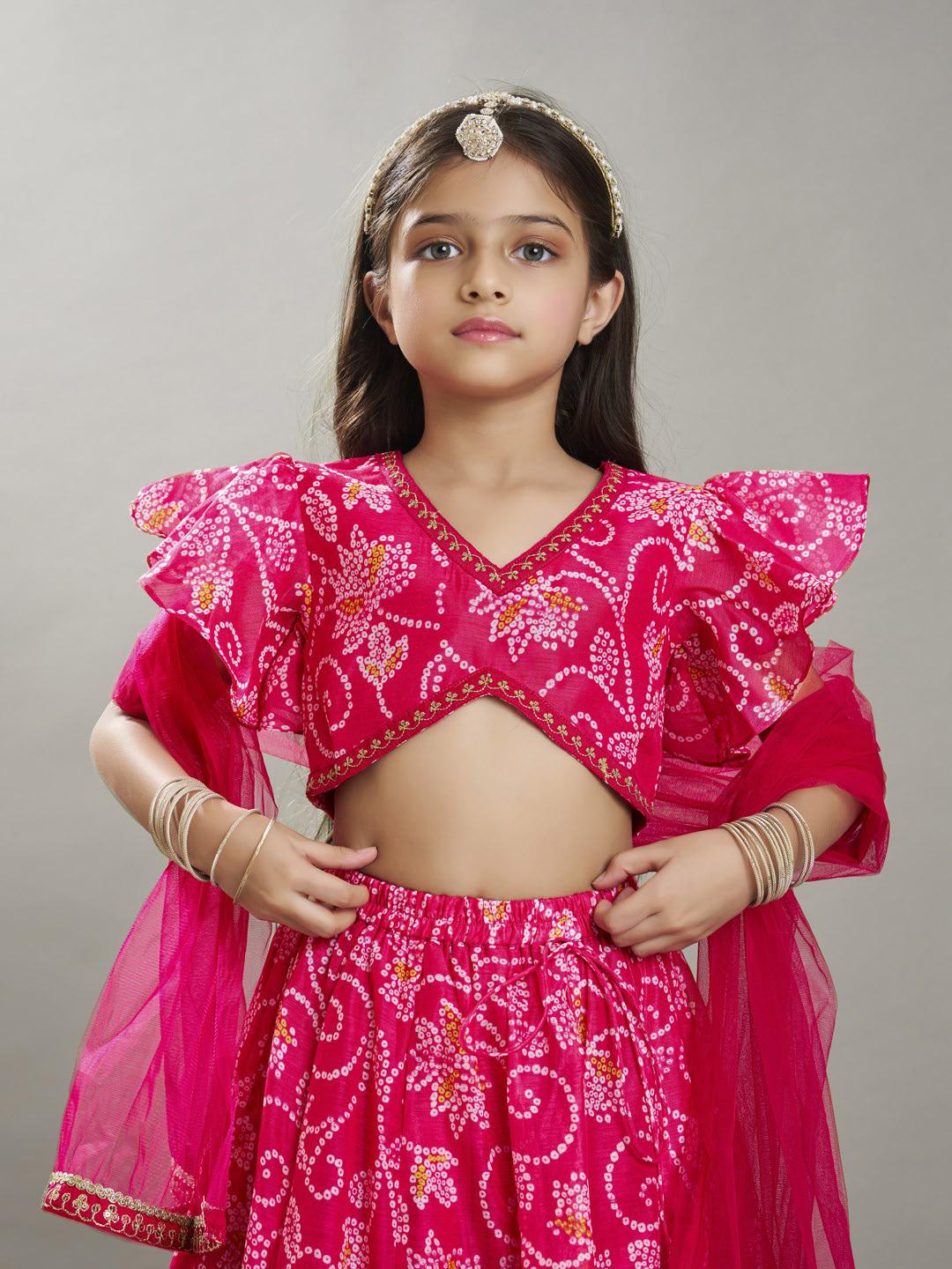 Bitiya by Bhama Girls Pink & White Bandhej Digital Print Ready to Wear Lehenga With Choli