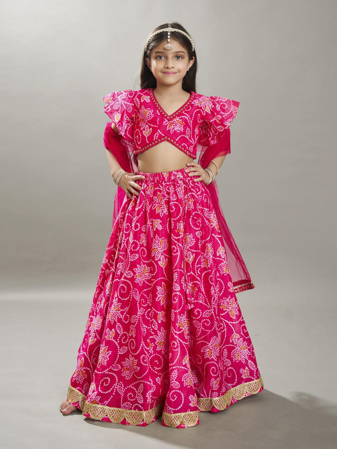 Bitiya by Bhama Girls Pink & White Bandhej Digital Print Ready to Wear Lehenga With Choli