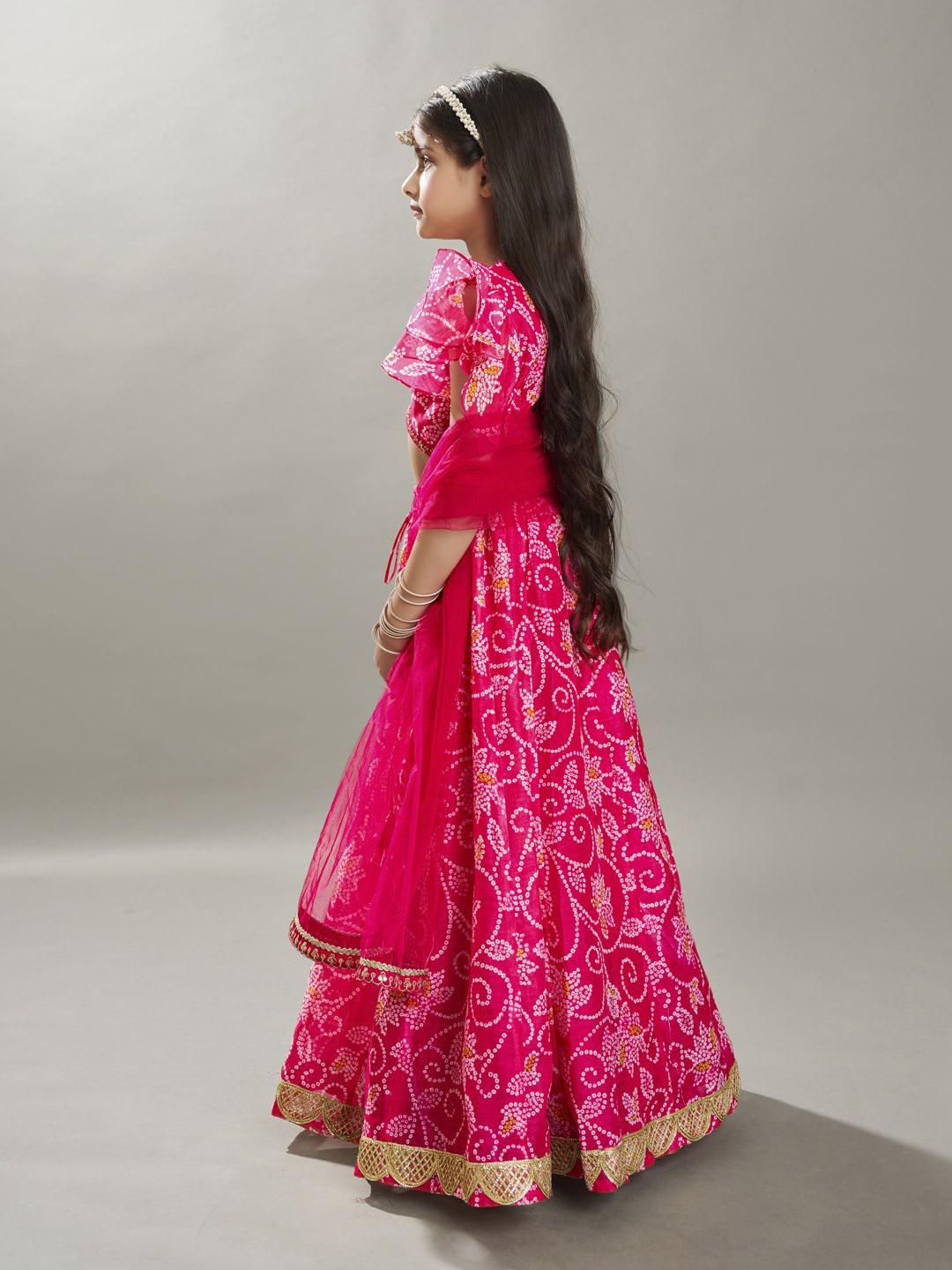 Bitiya by Bhama Girls Pink & White Bandhej Digital Print Ready to Wear Lehenga With Choli