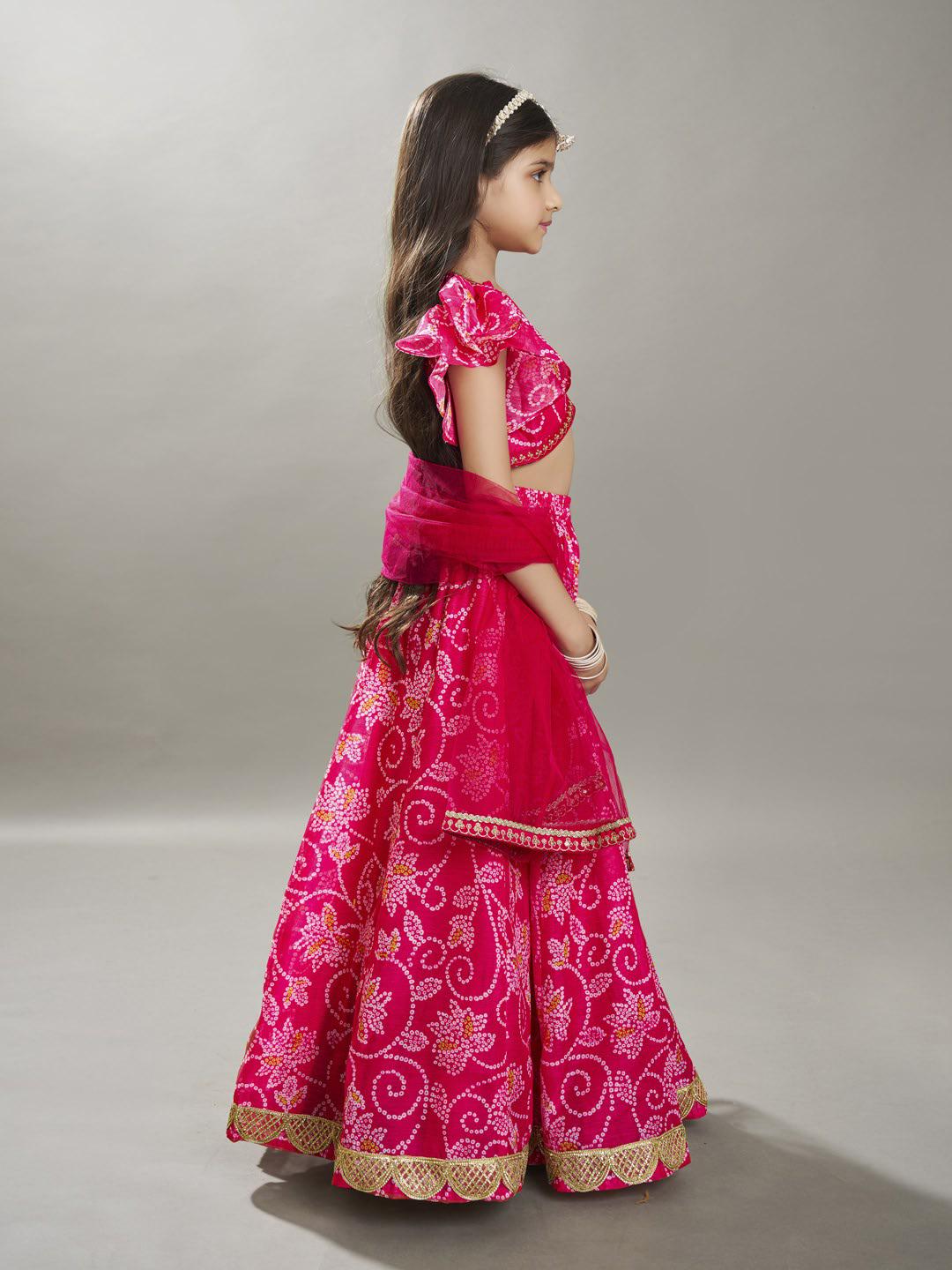 Bitiya by Bhama Girls Pink & White Bandhej Digital Print Ready to Wear Lehenga With Choli