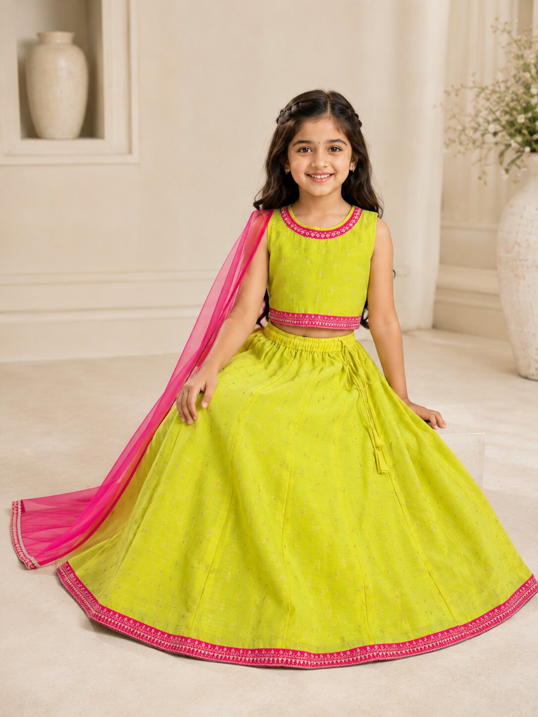 Bitiya by Bhama Girls Lime Green & Pink with Embroidered Ready to Wear Lehenga & Choli with Dupatta.