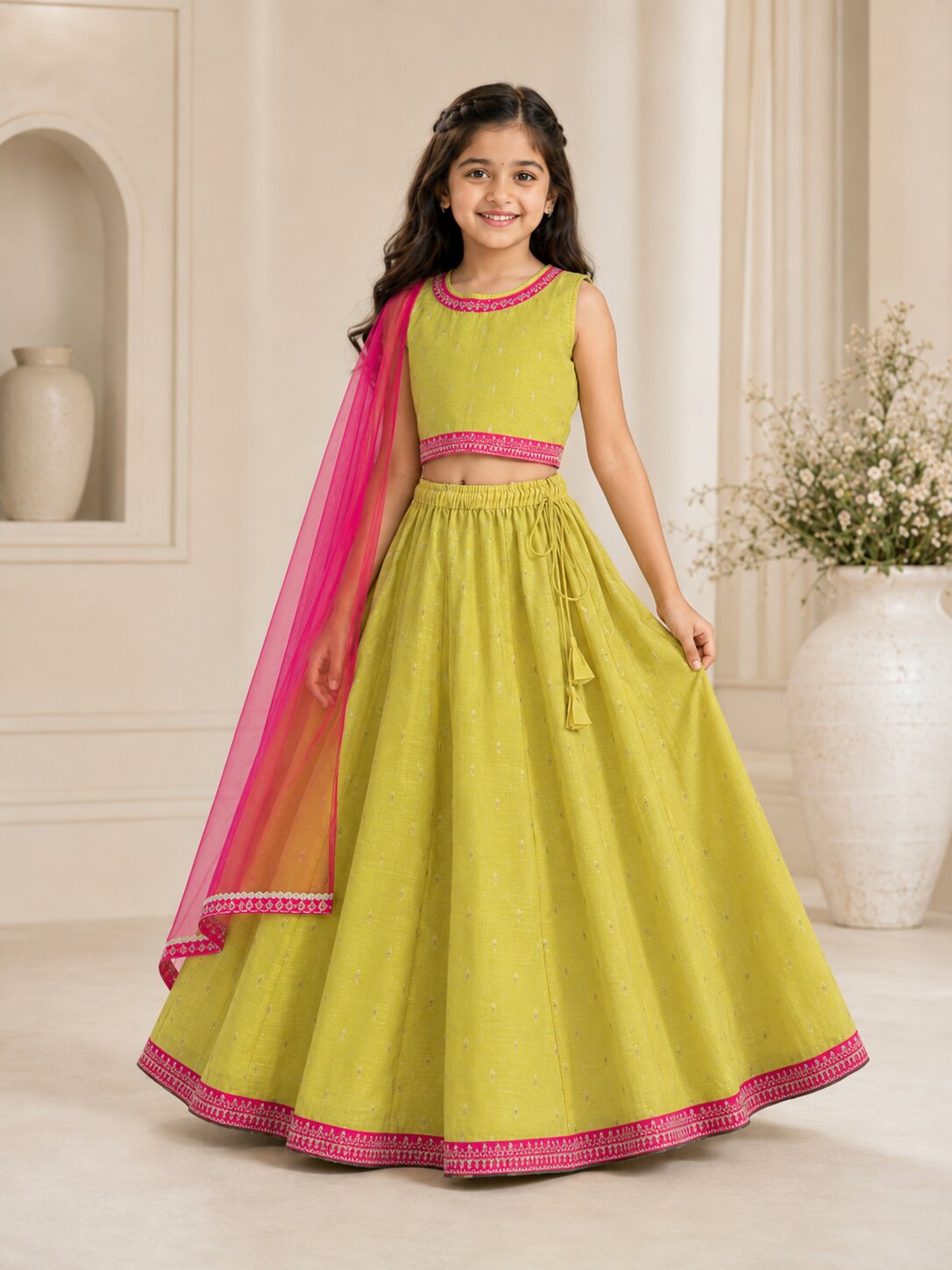 Bitiya by Bhama Girls Lime Green & Pink with Embroidered Ready to Wear Lehenga & Choli with Dupatta.