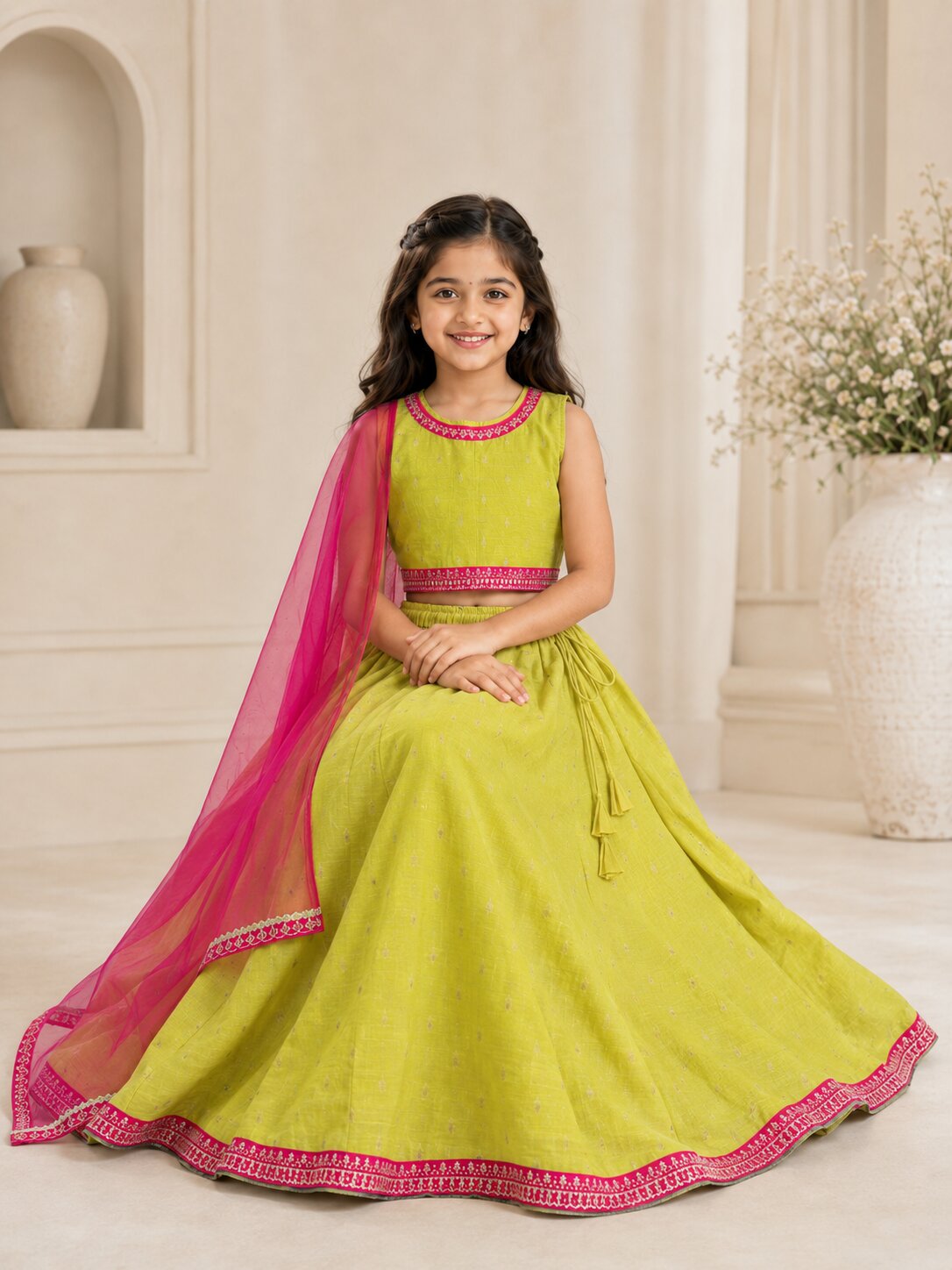 Bitiya by Bhama Girls Lime Green & Pink with Embroidered Ready to Wear Lehenga & Choli with Dupatta.