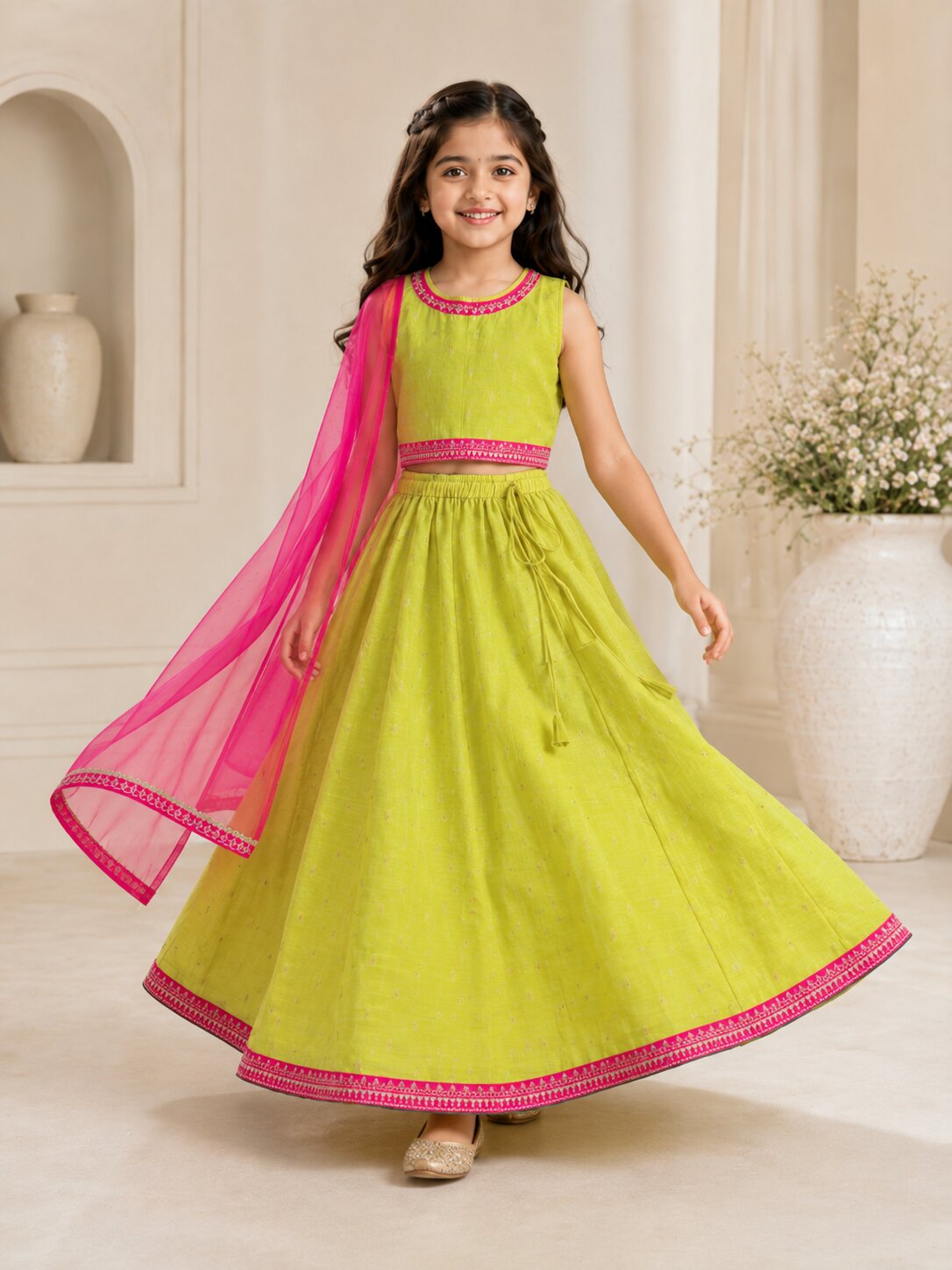 Bitiya by Bhama Girls Lime Green & Pink with Embroidered Ready to Wear Lehenga & Choli with Dupatta.