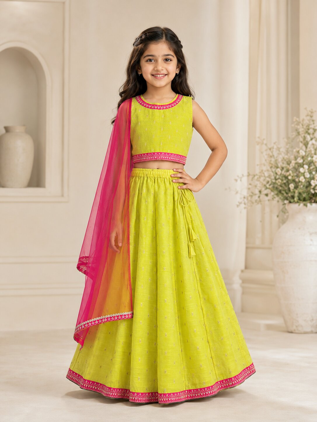 Bitiya by Bhama Girls Lime Green & Pink with Embroidered Ready to Wear Lehenga & Choli with Dupatta.