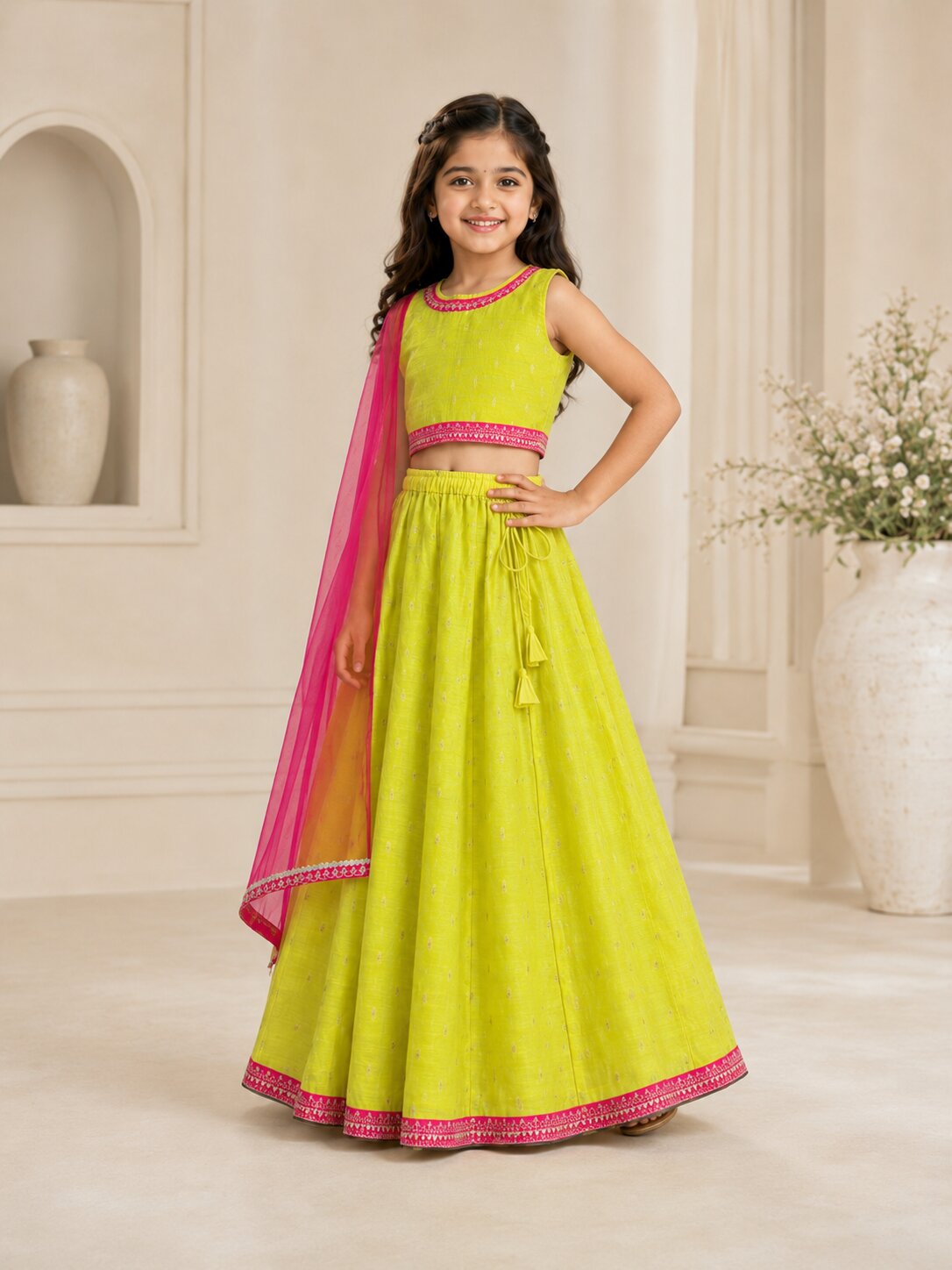 Bitiya by Bhama Girls Lime Green & Pink with Embroidered Ready to Wear Lehenga & Choli with Dupatta.