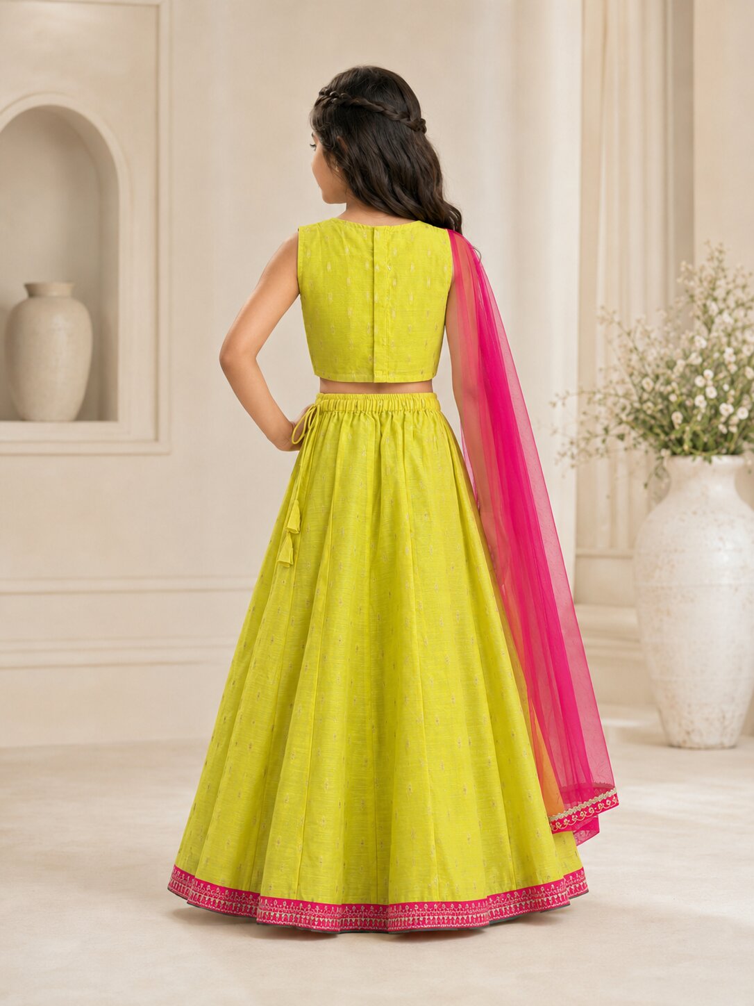 Bitiya by Bhama Girls Lime Green & Pink with Embroidered Ready to Wear Lehenga & Choli with Dupatta.