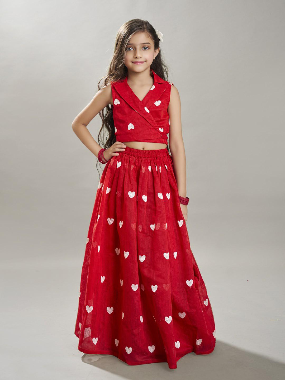 Bitiya by Bhama Girls Red & white Embroidered Ready to Wear Lehenga & Choli