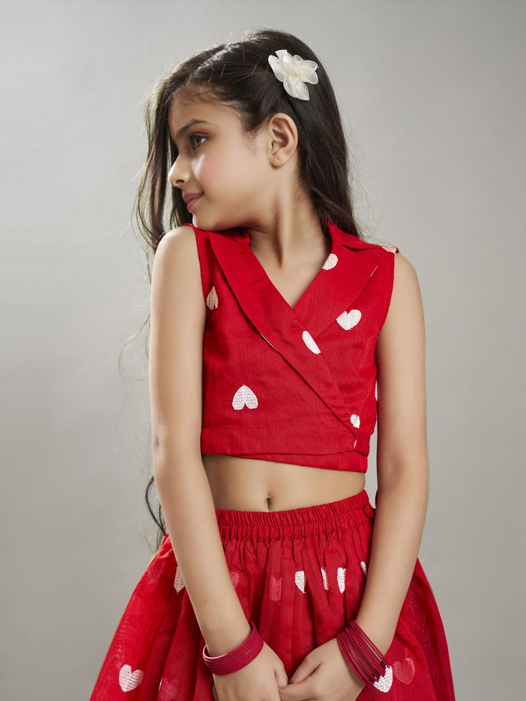 Bitiya by Bhama Girls Red & white Embroidered Ready to Wear Lehenga & Choli