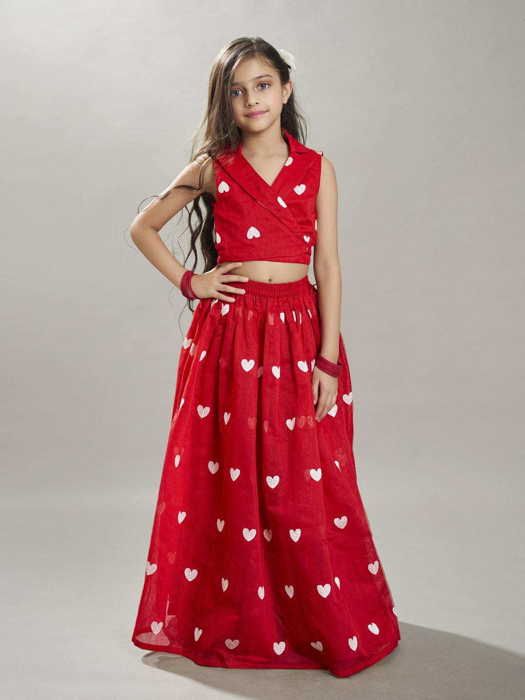 Bitiya by Bhama Girls Red & white Embroidered Ready to Wear Lehenga & Choli