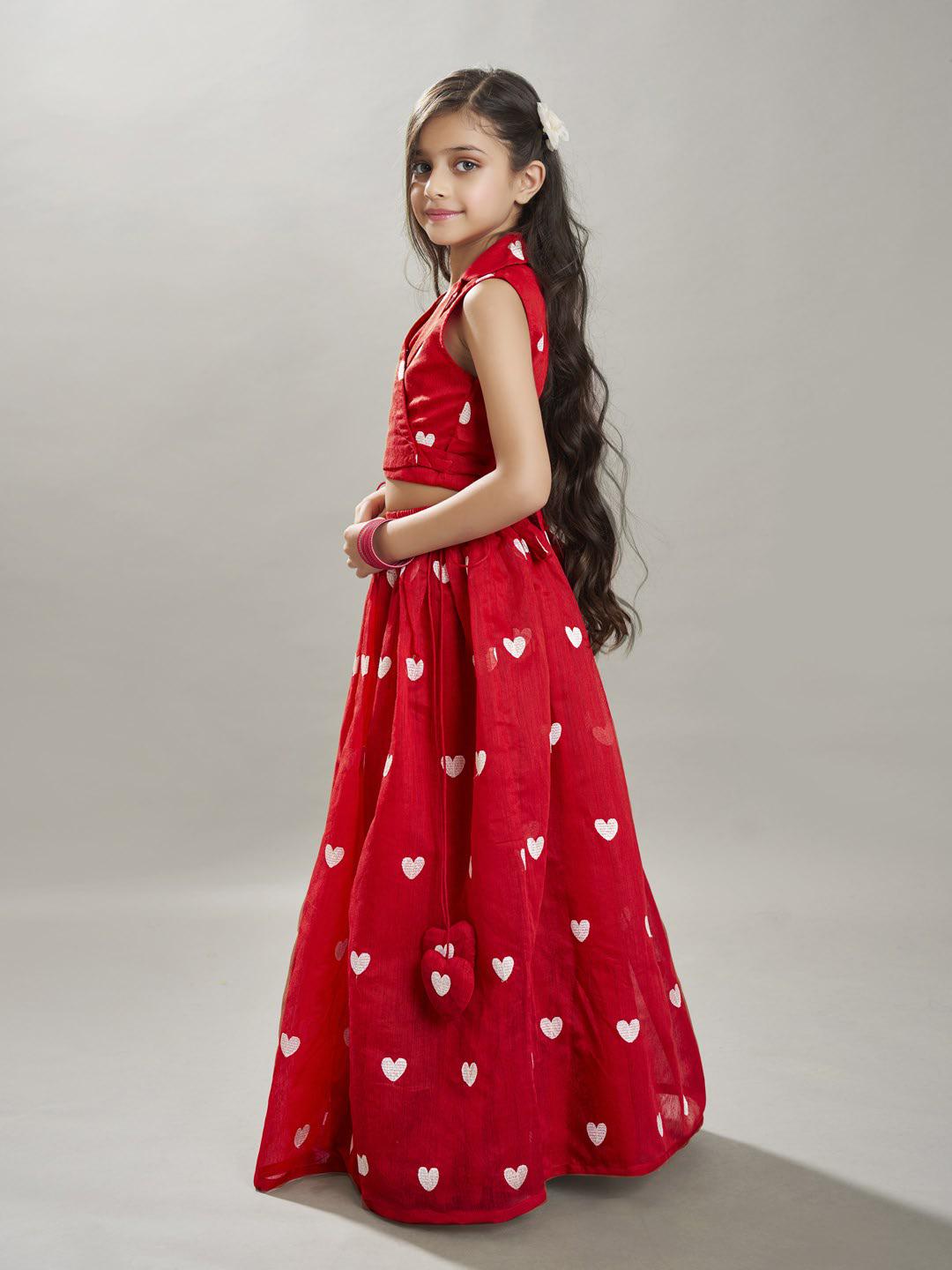 Bitiya by Bhama Girls Red & white Embroidered Ready to Wear Lehenga & Choli
