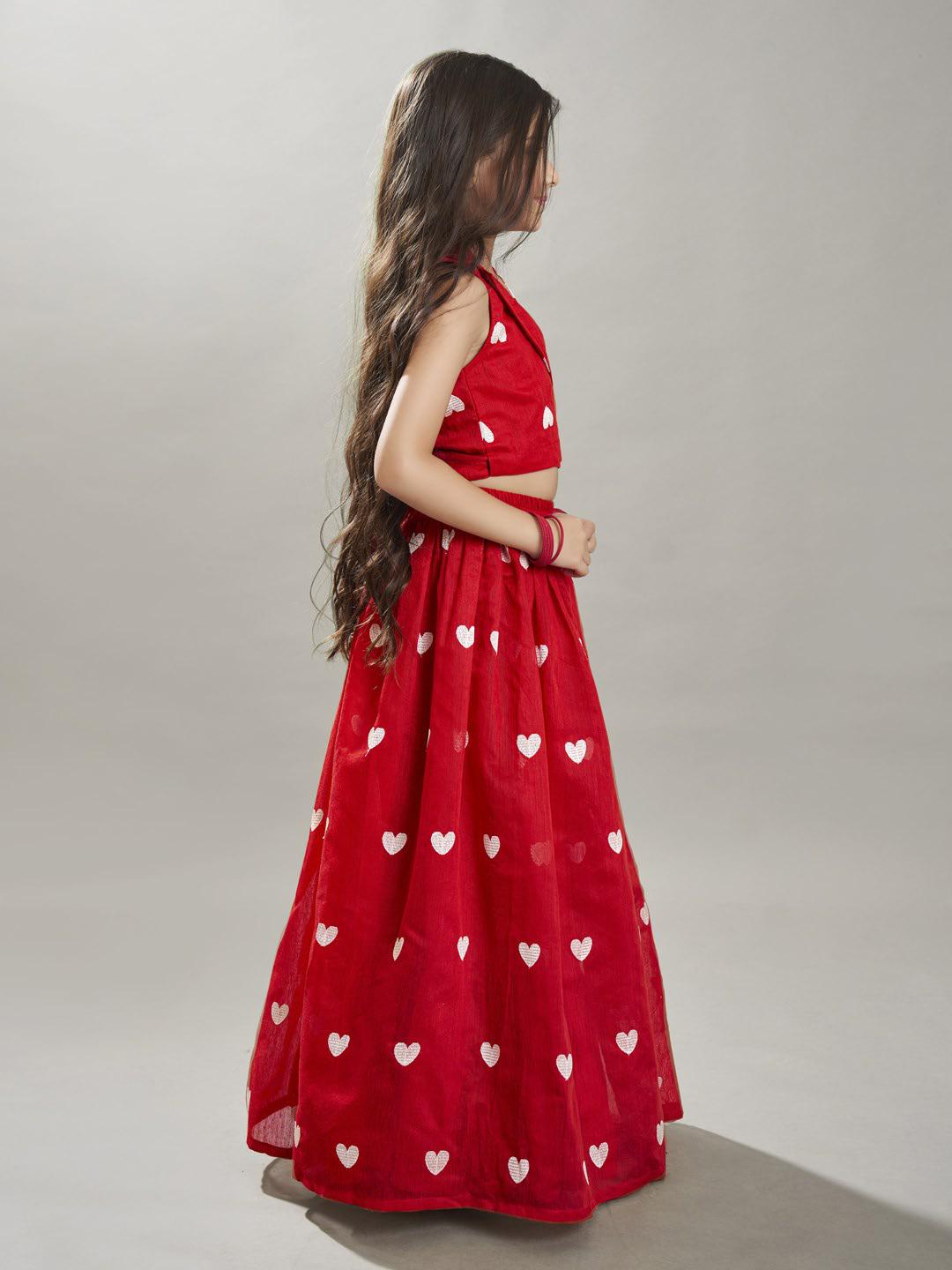 Bitiya by Bhama Girls Red & white Embroidered Ready to Wear Lehenga & Choli